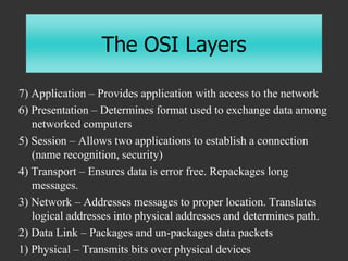 The OSI Layers
7) Application – Provides application with access to the network
6) Presentation – Determines format used t...