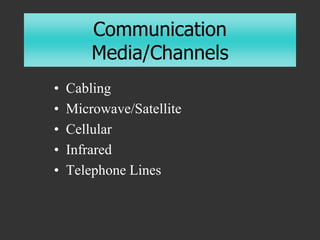 Communication
Media/Channels
• Cabling
• Microwave/Satellite
• Cellular
• Infrared
• Telephone Lines
 