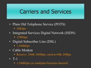 Carriers and Services
• Plain Old Telephone Service (POTS)
 56Kbps
• Integrated Services Digital Network (ISDN)
 128Kbps...