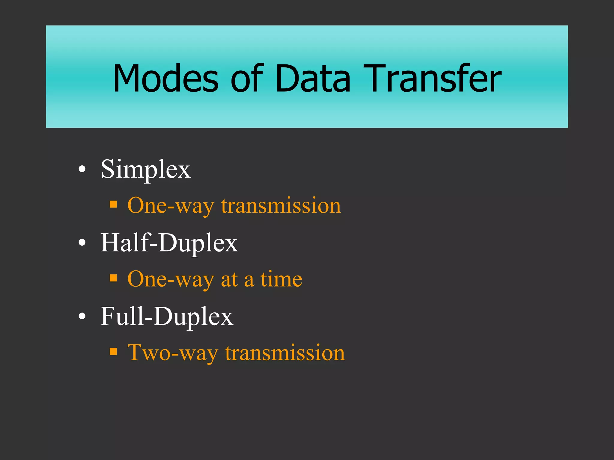 Modes of Data Transfer
• Simplex
 One-way transmission
• Half-Duplex
 One-way at a time
• Full-Duplex
 Two-way transmission
 