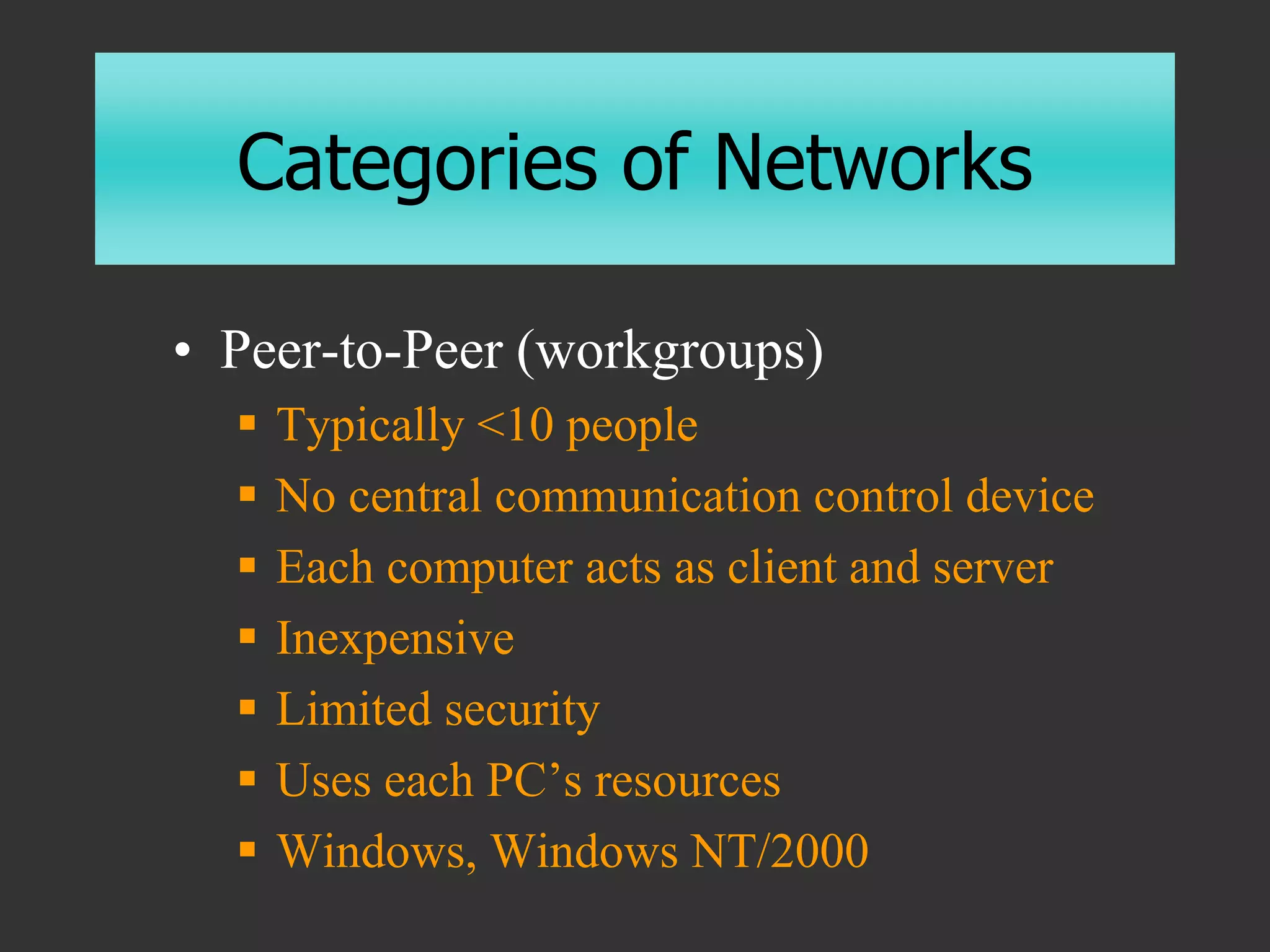 Categories of Networks
• Peer-to-Peer (workgroups)
 Typically <10 people
 No central communication control device
 Each computer acts as client and server
 Inexpensive
 Limited security
 Uses each PC’s resources
 Windows, Windows NT/2000
 