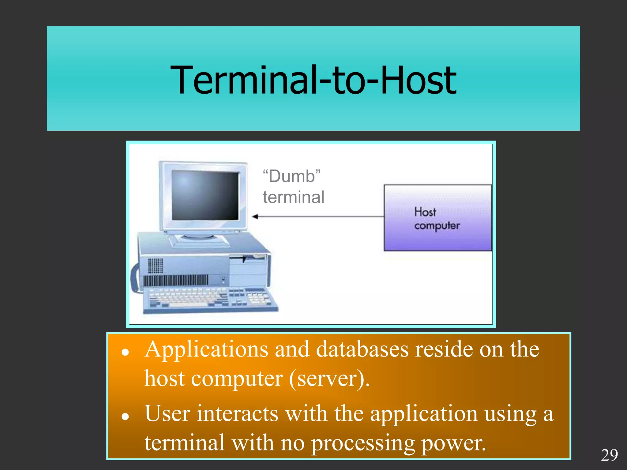 Terminal-to-Host
“Dumb”
terminal
 Applications and databases reside on the
host computer (server).
 User interacts with the application using a
terminal with no processing power. 29
 