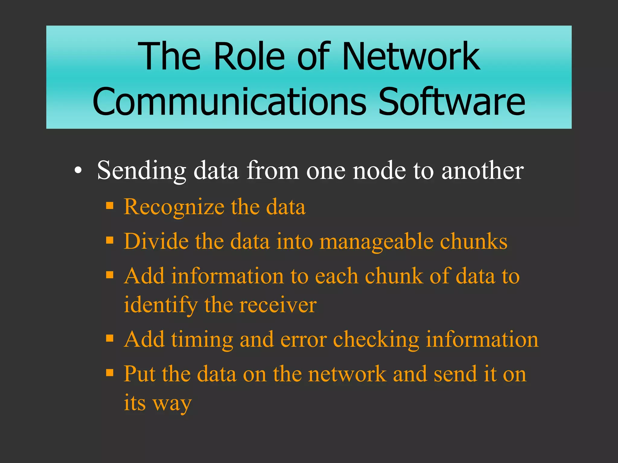 The Role of Network
Communications Software
• Sending data from one node to another
 Recognize the data
 Divide the data into manageable chunks
 Add information to each chunk of data to
identify the receiver
 Add timing and error checking information
 Put the data on the network and send it on
its way
 
