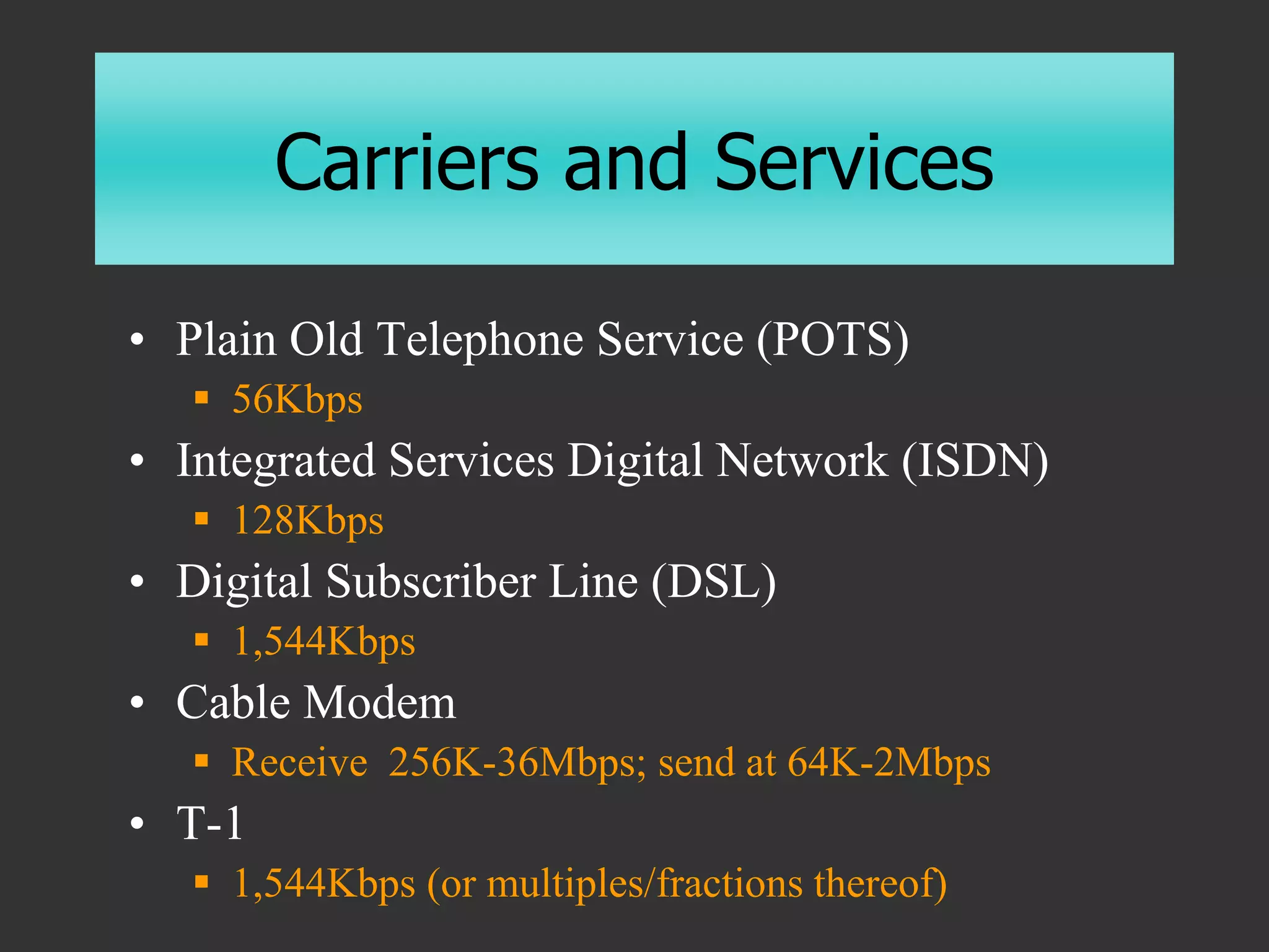 Carriers and Services
• Plain Old Telephone Service (POTS)
 56Kbps
• Integrated Services Digital Network (ISDN)
 128Kbps
• Digital Subscriber Line (DSL)
 1,544Kbps
• Cable Modem
 Receive 256K-36Mbps; send at 64K-2Mbps
• T-1
 1,544Kbps (or multiples/fractions thereof)
 