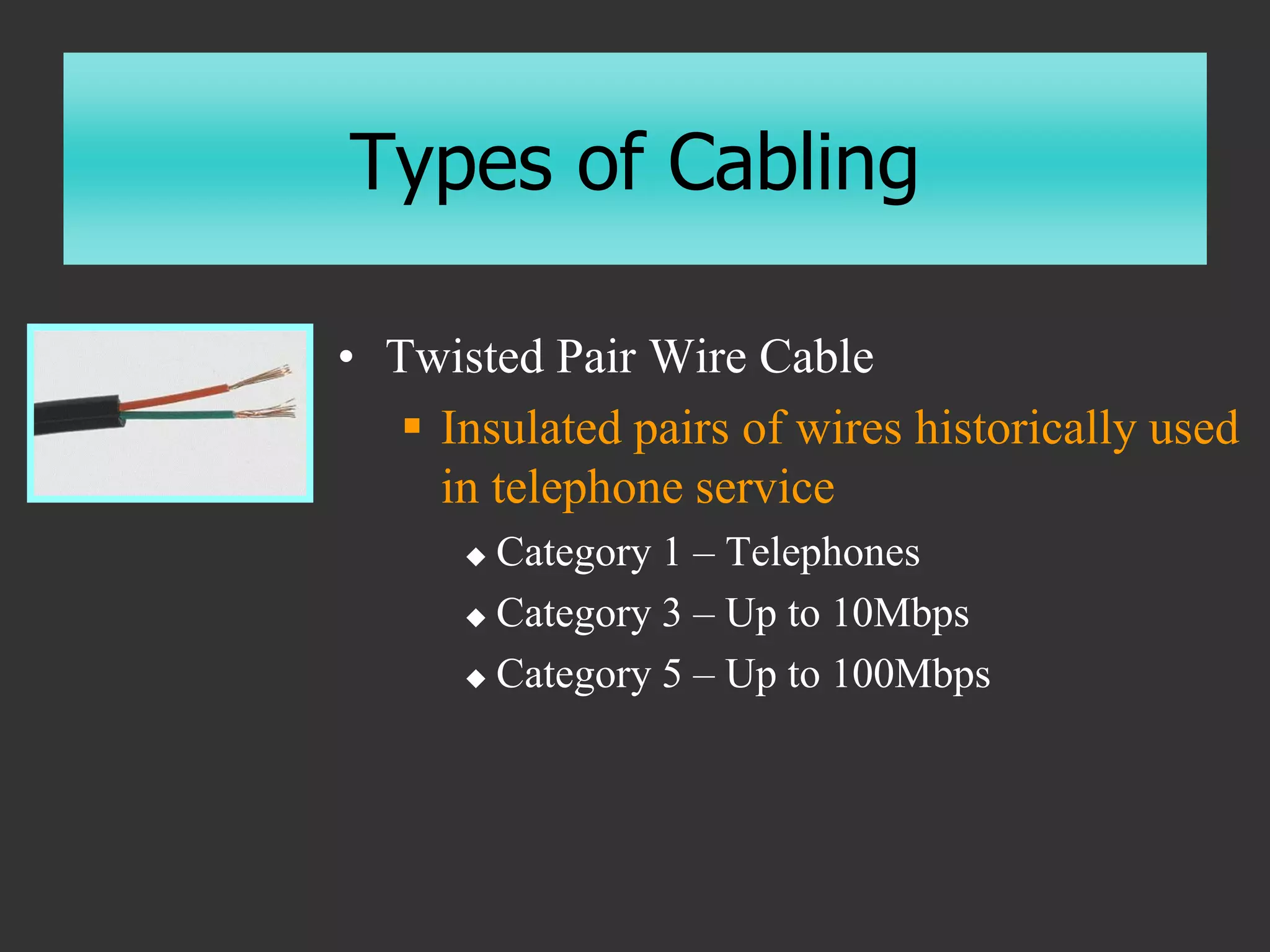 Types of Cabling
• Twisted Pair Wire Cable
 Insulated pairs of wires historically used
in telephone service
 Category 1 – Telephones
 Category 3 – Up to 10Mbps
 Category 5 – Up to 100Mbps
 