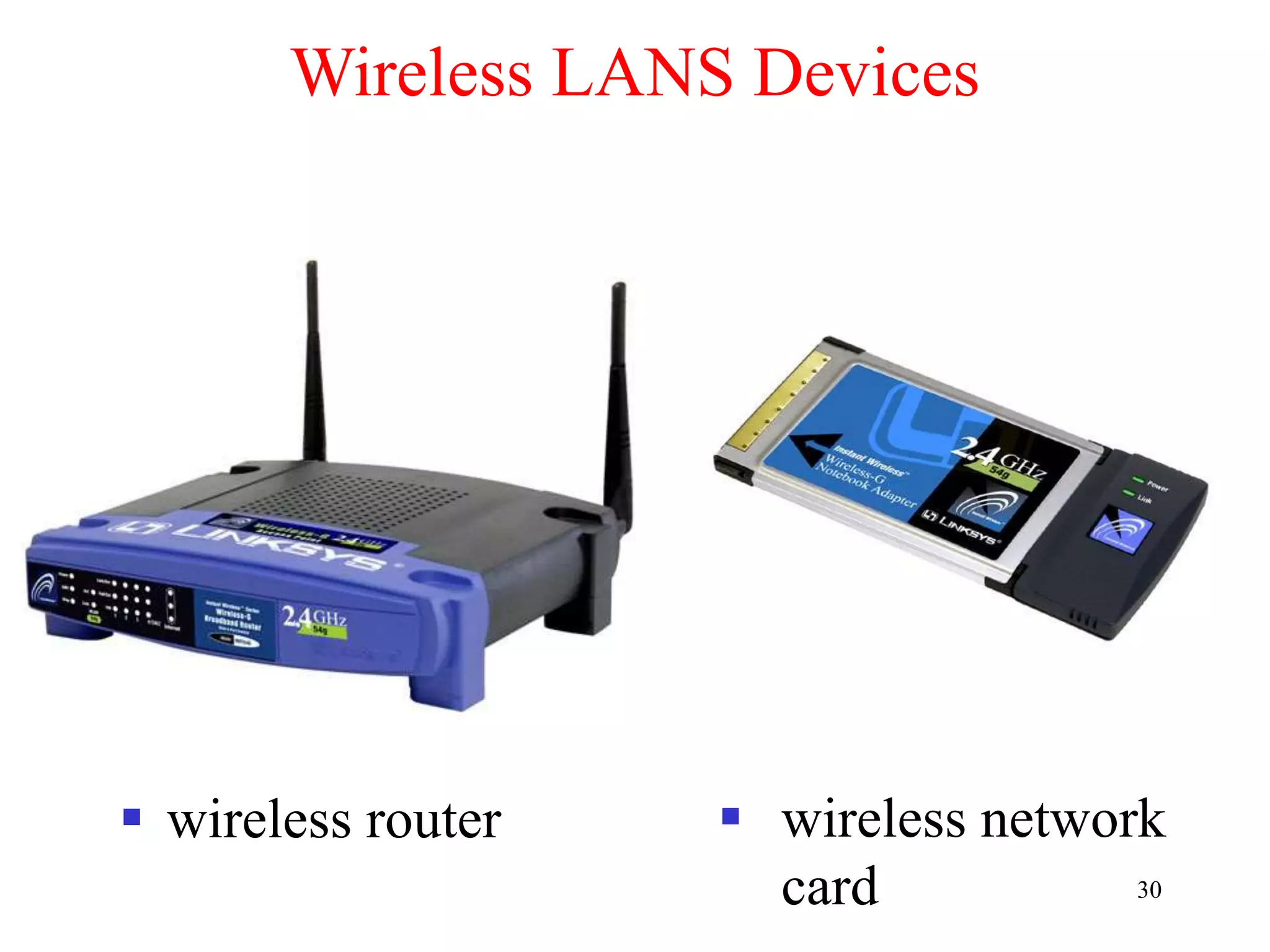 30
Wireless LANS Devices
 wireless router  wireless network
card
 