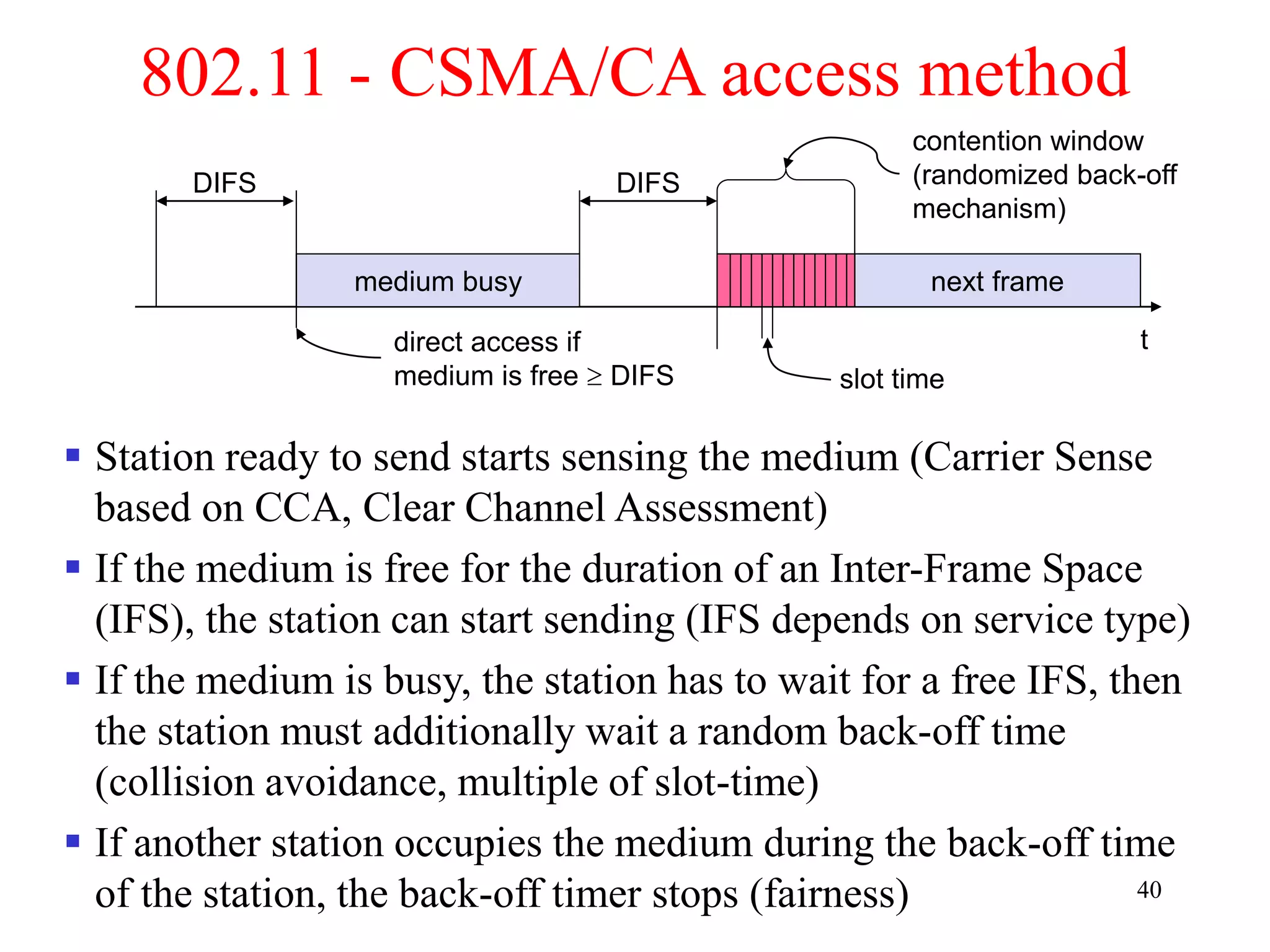 40
t
medium busy
DIFS
DIFS
next frame
contention window
(randomized back-off
mechanism)
802.11 - CSMA/CA access method
 Station ready to send starts sensing the medium (Carrier Sense
based on CCA, Clear Channel Assessment)
 If the medium is free for the duration of an Inter-Frame Space
(IFS), the station can start sending (IFS depends on service type)
 If the medium is busy, the station has to wait for a free IFS, then
the station must additionally wait a random back-off time
(collision avoidance, multiple of slot-time)
 If another station occupies the medium during the back-off time
of the station, the back-off timer stops (fairness)
slot time
direct access if
medium is free  DIFS
 