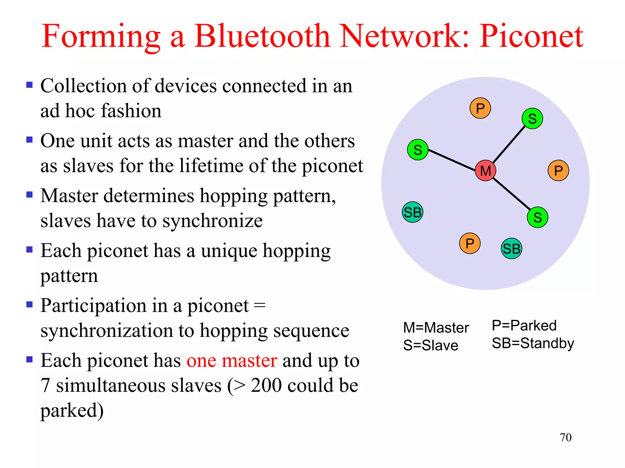 70
Forming a Bluetooth Network: Piconet
 Collection of devices connected in an
ad hoc fashion
 One unit acts as master and the others
as slaves for the lifetime of the piconet
 Master determines hopping pattern,
slaves have to synchronize
 Each piconet has a unique hopping
pattern
 Participation in a piconet =
synchronization to hopping sequence
 Each piconet has one master and up to
7 simultaneous slaves (> 200 could be
parked)
M=Master
S=Slave
P=Parked
SB=Standby
M
S
P
SB
S
S
P
P
SB
 
