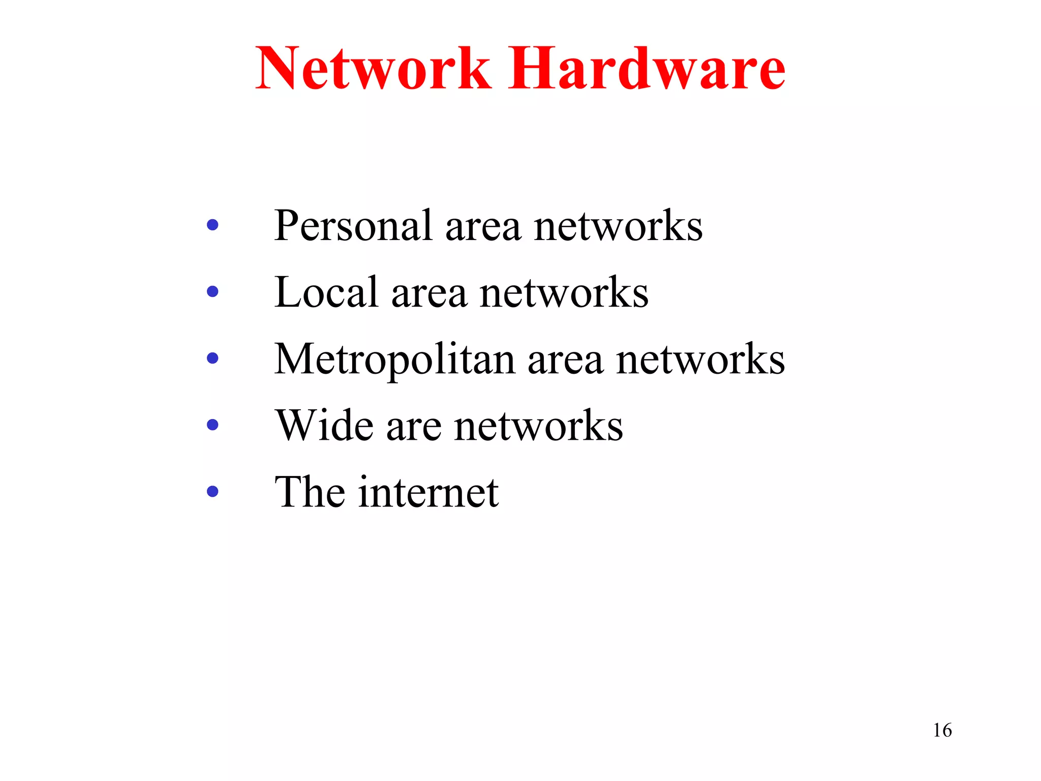 16
Network Hardware
• Personal area networks
• Local area networks
• Metropolitan area networks
• Wide are networks
• The internet
 