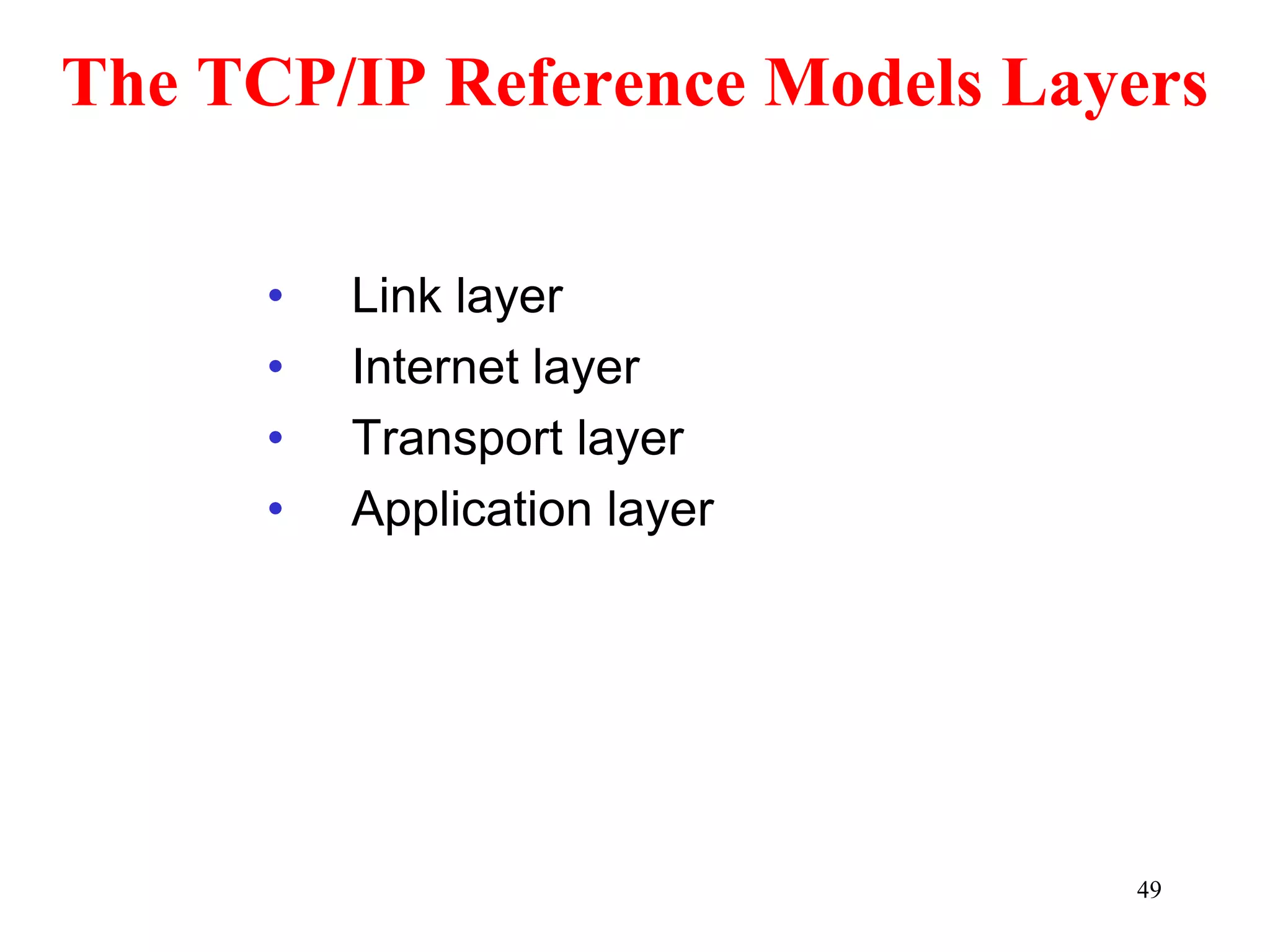 • Link layer
• Internet layer
• Transport layer
• Application layer
49
The TCP/IP Reference Models Layers
 