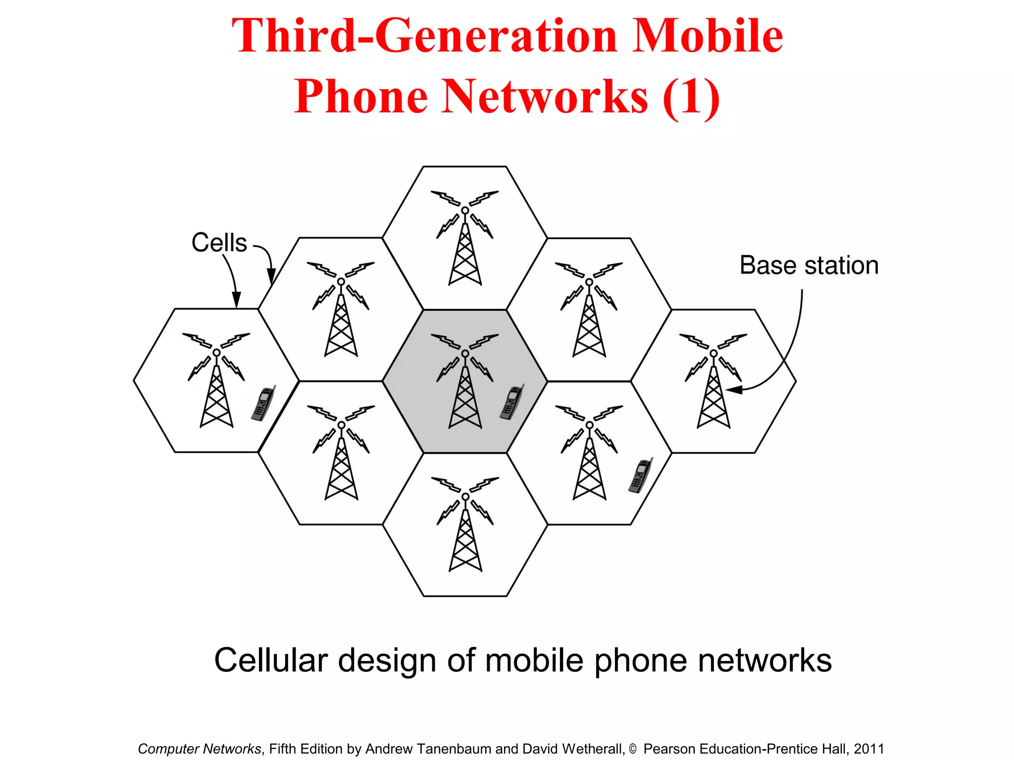 Third-Generation Mobile
Phone Networks (1)
Cellular design of mobile phone networks
Computer Networks, Fifth Edition by Andrew Tanenbaum and David Wetherall, © Pearson Education-Prentice Hall, 2011
 