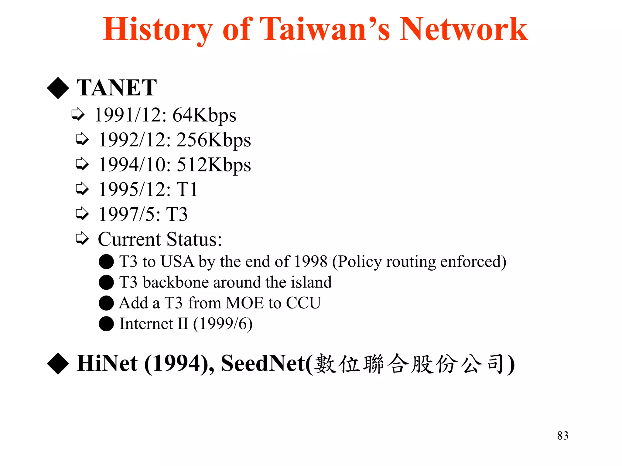 83
◆ TANET
➭ 1991/12: 64Kbps
➭ 1992/12: 256Kbps
➭ 1994/10: 512Kbps
➭ 1995/12: T1
➭ 1997/5: T3
➭ Current Status:
● T3 to USA by the end of 1998 (Policy routing enforced)
● T3 backbone around the island
● Add a T3 from MOE to CCU
● Internet II (1999/6)
◆ HiNet (1994), SeedNet(數位聯合股份公司)
History of Taiwan’s Network
 
