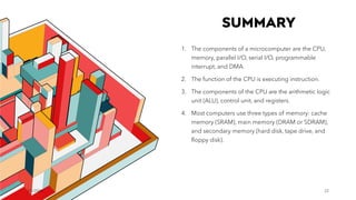 SUMMARY
7/1/20XX 22
1. The components of a microcomputer are the CPU,
memory, parallel I/O, serial I/O, programmable
interrupt, and DMA.
2. The function of the CPU is executing instruction.
3. The components of the CPU are the arithmetic logic
unit (ALU), control unit, and registers.
4. Most computers use three types of memory: cache
memory (SRAM), main memory (DRAM or SDRAM),
and secondary memory (hard disk, tape drive, and
floppy disk).
 