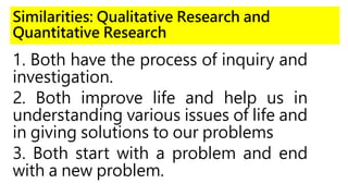 Similarities: Qualitative Research and
Quantitative Research
1. Both have the process of inquiry and
investigation.
2. Both improve life and help us in
understanding various issues of life and
in giving solutions to our problems
3. Both start with a problem and end
with a new problem.
 