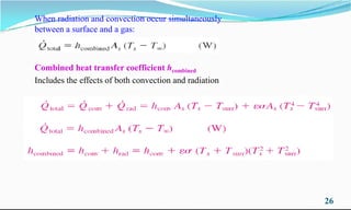 Combined heat transfer coefficient hcombined
Includes the effects of both convection and radiation
When radiation and convection occur simultaneously
between a surface and a gas:
26
 