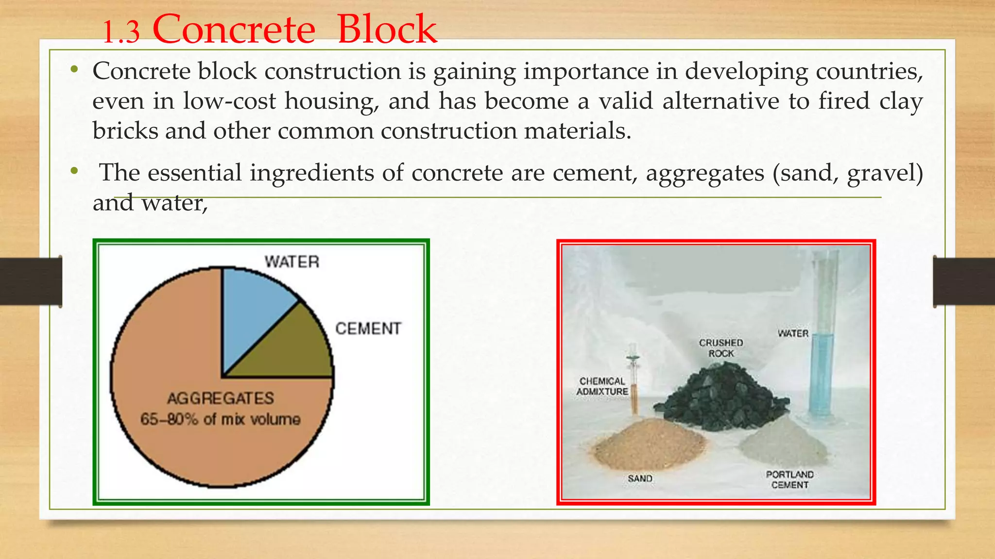 1.3 Concrete Block
• Concrete block construction is gaining importance in developing countries,
even in low-cost housing, and has become a valid alternative to fired clay
bricks and other common construction materials.
• The essential ingredients of concrete are cement, aggregates (sand, gravel)
and water,
 