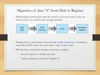 Migration of data “A” from Disk to Register
• Multitasking environments must be careful to use most recent value, no
matter where it is stored in the storage hierarchy
• Multiprocessor environment must provide cache coherency in hardware
such that all CPUs have the most recent value in their cache
• Distributed environment situation even more complex
• Several copies of a datum can exist
• Various solutions covered in Chapter 17
 