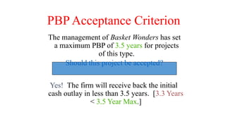 PBP Acceptance Criterion
Yes! The firm will receive back the initial
cash outlay in less than 3.5 years. [3.3 Years
< 3.5 Year Max.]
The management of Basket Wonders has set
a maximum PBP of 3.5 years for projects
of this type.
Should this project be accepted?
 