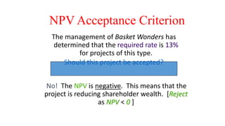 NPV Acceptance Criterion
No! The NPV is negative. This means that the
project is reducing shareholder wealth. [Reject
as NPV < 0 ]
The management of Basket Wonders has
determined that the required rate is 13%
for projects of this type.
Should this project be accepted?
 