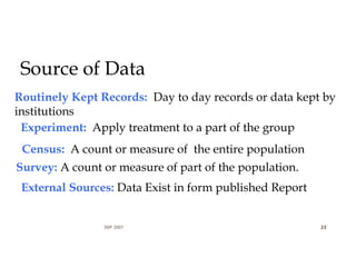 Source of Data
JWP 2007 23
Routinely Kept Records: Day to day records or data kept by
institutions
Census: A count or measure of the entire population
Survey: A count or measure of part of the population.
Experiment: Apply treatment to a part of the group
External Sources: Data Exist in form published Report
 