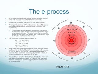 The e-process
 As the finale approaches, the star has become a cosmic onion of
sorts, with layers of heavier and heavier elements.
 A new core consisting mainly of 28Si has been created.
 At temperatures near 109 K and densities above 107 g/cc a
process known as silicon burning, or the e-process (for
equilibrium).
 This process is really a variety of reactions that can be
summarized as the photonuclear rearrangement of a gas
originally consisting of 28Si nuclei into one which consists
mainly of 56Ni, which then decays with a half-life of 6 days
to 56Fe, the most stable of all nuclei.
 The e-process includes reactions such as:
28Si + γ ⇄ 24Ne + 4He
28Si + 4He ⇄ 32S + γ
32S + 4He ⇄ 36Ar + γ
 While these reactions can proceed in either direction, there
is a tendency for the build-up of heavier nuclei with masses
32, 36, 40, 44, 48, 52, and 56, Partly as a result of the e-
process, these nuclei are unusually abundant in nature. A
variety of minor nuclei are produced as well.
 This continues for a few days at most. Finally, the inner core
has been converted completely to 56Ni and 56Fe, the latter
the most stable of all nuclei. Exogenic fusion reactions are
no longer possible.
Figure 1.13
 
