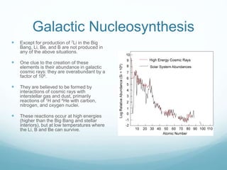 Galactic Nucleosynthesis
 Except for production of 7Li in the Big
Bang, Li, Be, and B are not produced in
any of the above situations.
 One clue to the creation of these
elements is their abundance in galactic
cosmic rays: they are overabundant by a
factor of 106.
 They are believed to be formed by
interactions of cosmic rays with
interstellar gas and dust, primarily
reactions of 1H and 4He with carbon,
nitrogen, and oxygen nuclei.
 These reactions occur at high energies
(higher than the Big Bang and stellar
interiors), but at low temperatures where
the Li, B and Be can survive.
 