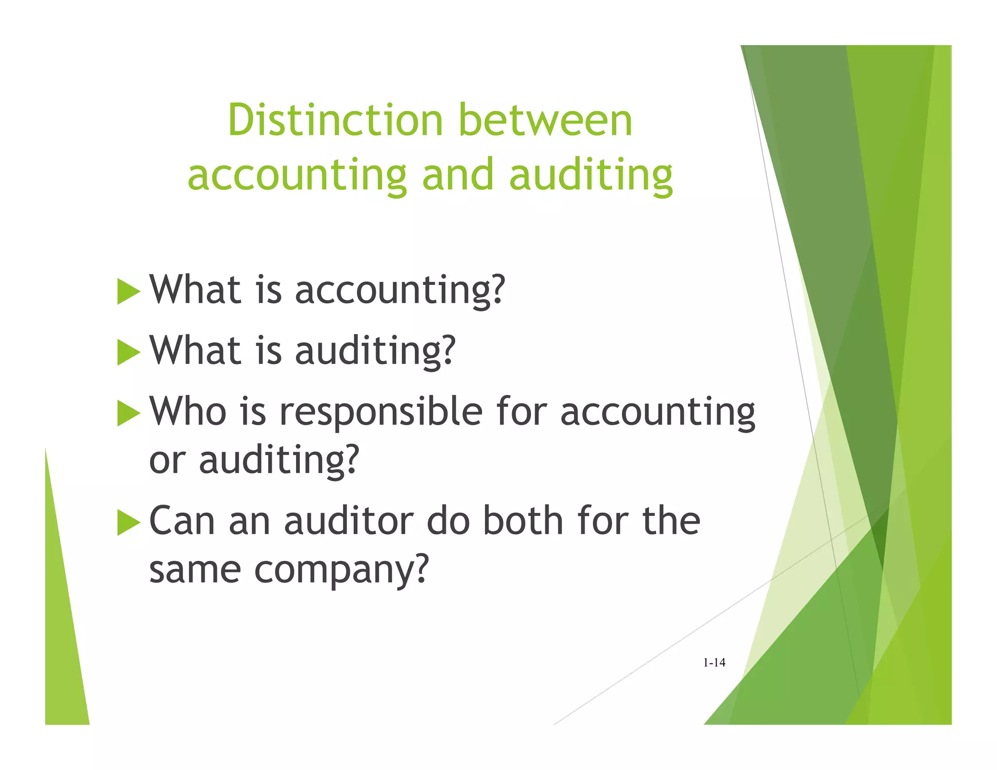 Distinction between
accounting and auditing
 What is accounting?
 What is auditing?
 Who is responsible for accounting
or auditing?
 Can an auditor do both for the
same company?
1-14
 
