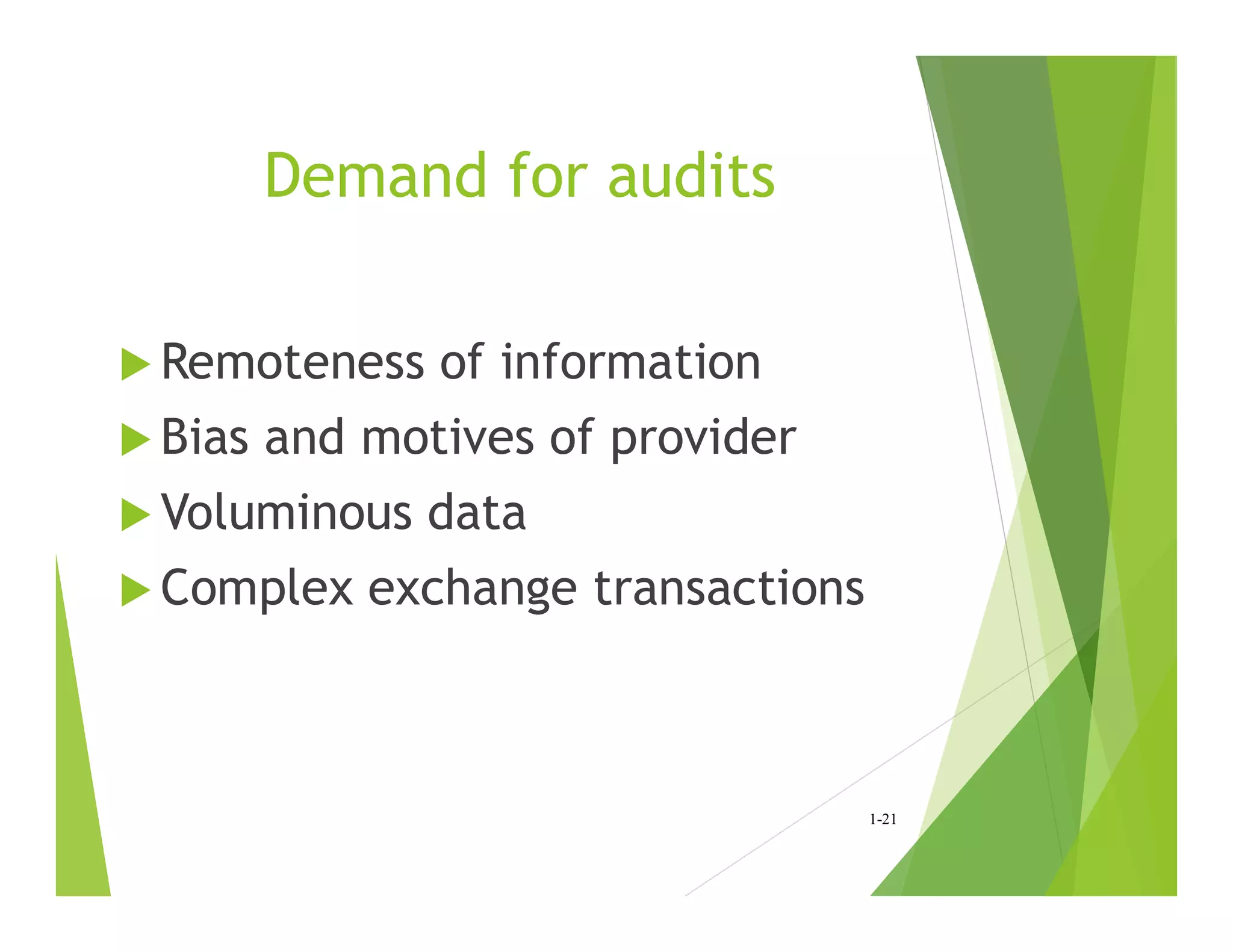 Demand for audits
 Remoteness of information
 Bias and motives of provider
 Voluminous data
 Complex exchange transactions
1-21
 