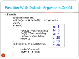 ➢ Example
using namespace std;
void fun(int a=10, int b=20); //Declaration
OUTPUT
int main()
{
fun(3,5);//Function Calling
fun(3);//Function Calling
fun();//Function Calling
return 0;
}
void fun(int a, int b)//Definition
{
cout<<"a:"<<a<<endl;
cout<<"b:"<<b<<endl;
}
Function With Default Arguments Cont’d…
35
a: 3
b: 5
a: 3
b: 20
a: 10
b: 20
 