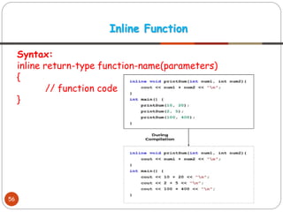 Syntax:
inline return-type function-name(parameters)
{
// function code
}
Inline Function
56
 