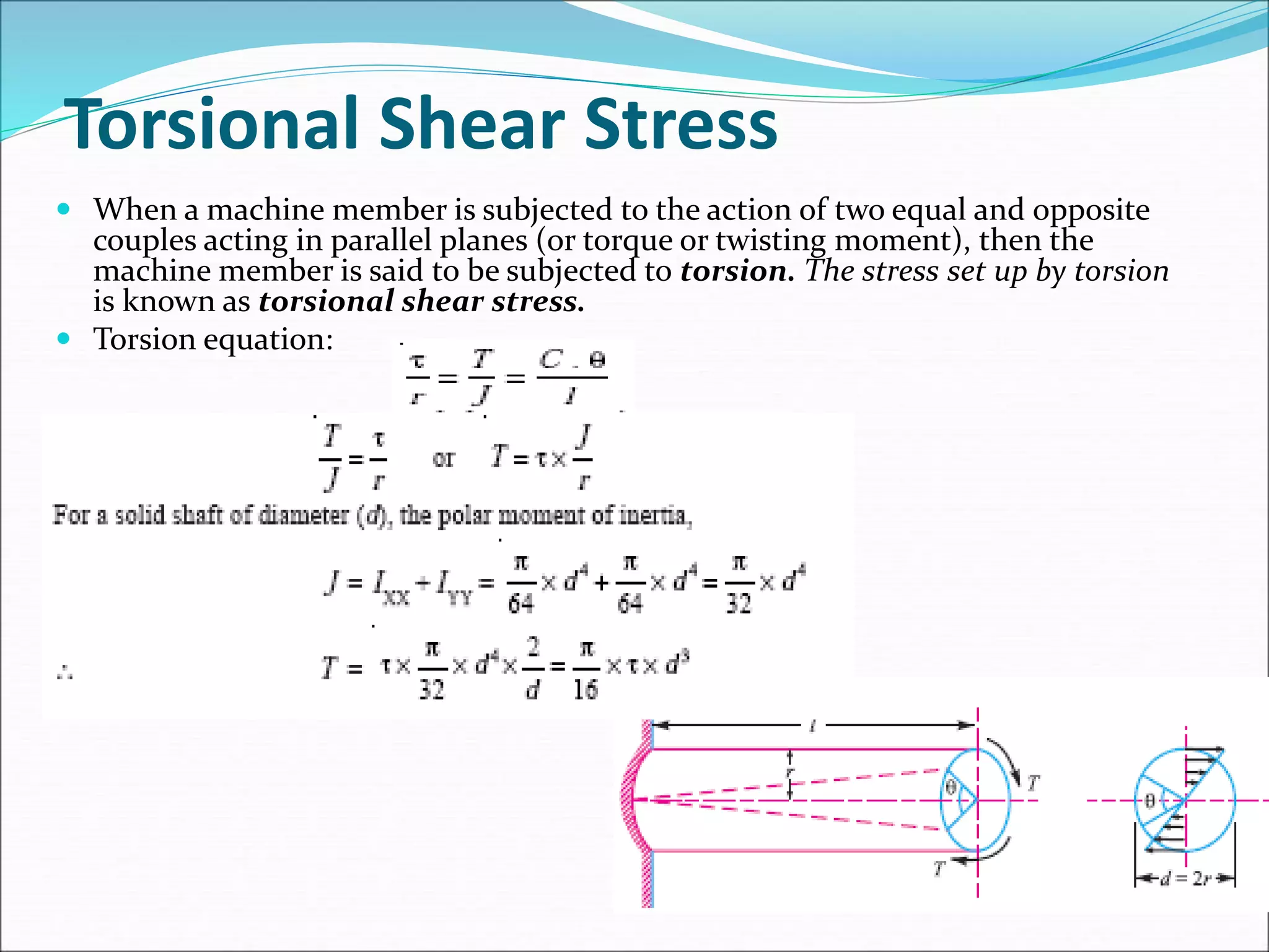 Torsional Shear Stress
 When a machine member is subjected to the action of two equal and opposite
couples acting in parallel planes (or torque or twisting moment), then the
machine member is said to be subjected to torsion. The stress set up by torsion
is known as torsional shear stress.
 Torsion equation:
 