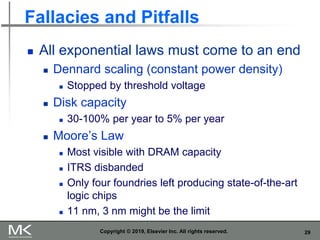 29
Fallacies and Pitfalls
 All exponential laws must come to an end
 Dennard scaling (constant power density)
 Stopped by threshold voltage
 Disk capacity
 30-100% per year to 5% per year
 Moore’s Law
 Most visible with DRAM capacity
 ITRS disbanded
 Only four foundries left producing state-of-the-art
logic chips
 11 nm, 3 nm might be the limit
Copyright © 2019, Elsevier Inc. All rights reserved.
 