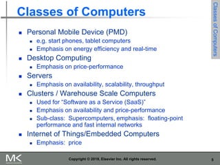 5
Copyright © 2019, Elsevier Inc. All rights reserved.
Classes of Computers
 Personal Mobile Device (PMD)
 e.g. start phones, tablet computers
 Emphasis on energy efficiency and real-time
 Desktop Computing
 Emphasis on price-performance
 Servers
 Emphasis on availability, scalability, throughput
 Clusters / Warehouse Scale Computers
 Used for “Software as a Service (SaaS)”
 Emphasis on availability and price-performance
 Sub-class: Supercomputers, emphasis: floating-point
performance and fast internal networks
 Internet of Things/Embedded Computers
 Emphasis: price
Classes
of
Computers
 