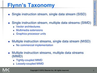 7
Copyright © 2019, Elsevier Inc. All rights reserved.
Flynn’s Taxonomy
 Single instruction stream, single data stream (SISD)
 Single instruction stream, multiple data streams (SIMD)
 Vector architectures
 Multimedia extensions
 Graphics processor units
 Multiple instruction streams, single data stream (MISD)
 No commercial implementation
 Multiple instruction streams, multiple data streams
(MIMD)
 Tightly-coupled MIMD
 Loosely-coupled MIMD
Classes
of
Computers
 