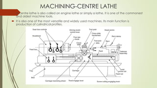 MACHINING-CENTRE LATHE
 A centre lathe is also called an engine lathe or simply a lathe. It is one of the commonest
and oldest machine tools.
 It is also one of the most versatile and widely used machines. Its main function is
production of cylindrical profiles.
 
