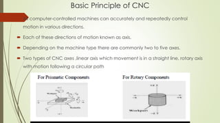 Basic Principle of CNC
 All computer-controlled machines can accurately and repeatedly control
motion in various directions.
 Each of these directions of motion known as axis.
 Depending on the machine type there are commonly two to five axes.
 Two types of CNC axes ,linear axis which movement is in a straight line, rotary axis
with motion following a circular path
 