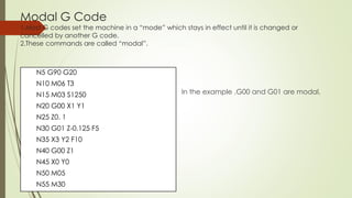 Modal G Code
1.Most G codes set the machine in a “mode” which stays in effect until it is changed or
cancelled by another G code.
2.These commands are called “modal”.
N5 G90 G20
N10 M06 T3
N15 M03 S1250
N20 G00 X1 Y1
N25 Z0. 1
N30 G01 Z-0.125 F5
N35 X3 Y2 F10
N40 G00 Z1
N45 X0 Y0
N50 M05
N55 M30
In the example ,G00 and G01 are modal.
 