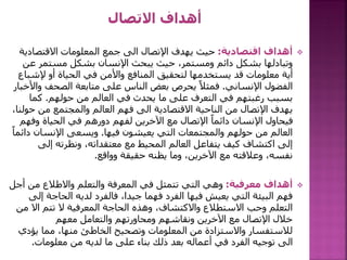 
‫اقتصادية‬ ‫أهداف‬
:
‫االقتصاد‬ ‫المعلومات‬ ‫جمع‬ ‫الى‬ ‫اإلتصال‬ ‫يهدف‬ ‫حيث‬
‫ية‬
‫ع‬ ‫مستمر‬ ‫بشكل‬ ‫اإلنسان‬ ‫يبحث‬ ‫حيث‬ ،‫ومستمر‬ ‫دائم‬ ‫بشكل‬ ‫وتبادلها‬
‫ن‬
‫إلش‬ ‫أو‬ ‫الحياة‬ ‫في‬ ‫واألمن‬ ‫المنافع‬ ‫لتحقيق‬ ‫يستخدمها‬ ‫قد‬ ‫معلومات‬ ‫أية‬
‫باع‬
‫اإلنساني‬ ‫الفضول‬
.
‫و‬ ‫الصحف‬ ‫متابعة‬ ‫على‬ ‫الناس‬ ‫بعض‬ ‫يحرص‬ ً‫ال‬‫فمث‬
‫األخبار‬
‫حولهم‬ ‫من‬ ‫العالم‬ ‫في‬ ‫يحدث‬ ‫ما‬ ‫على‬ ‫التعرف‬ ‫في‬ ‫رغبتهم‬ ‫بسبب‬
.
‫كما‬
‫ح‬ ‫من‬ ‫والمجتمع‬ ‫العالم‬ ‫فهم‬ ‫الى‬ ‫االقتصادية‬ ‫الناحية‬ ‫من‬ ‫اإلتصال‬ ‫يهدف‬
،‫ولنا‬
‫وف‬ ‫الحياة‬ ‫في‬ ‫دورهم‬ ‫لفهم‬ ‫اآلخرين‬ ‫مع‬ ‫اإلتصال‬ ً‫ا‬‫دائم‬ ‫اإلنسان‬ ‫فيحاول‬
‫هم‬
‫فيها‬ ‫يعيشون‬ ‫التي‬ ‫والمجتمعات‬ ‫حولهم‬ ‫من‬ ‫العالم‬
.
‫د‬ ‫اإلنسان‬ ‫ويسعى‬
ً‫ا‬‫ائم‬
‫إلى‬ ‫ونظرته‬ ،‫معتقداته‬ ‫مع‬ ‫المحيط‬ ‫العالم‬ ‫يتفاعل‬ ‫كيف‬ ‫اكتشاف‬ ‫إلى‬
‫وواقع‬ ‫حقيقة‬ ‫يظنه‬ ‫وما‬ ،‫اآلخرين‬ ‫مع‬ ‫وعالقته‬ ،‫نفسه‬
.

‫معرفية‬ ‫أهداف‬
:
‫أ‬ ‫من‬ ‫واالطالع‬ ‫والتعلم‬ ‫المعرفة‬ ‫في‬ ‫تتمثل‬ ‫التي‬ ‫وهي‬
‫جل‬
‫الحاجة‬ ‫لديه‬ ‫فالفرد‬ ،‫جيدا‬ ‫فهما‬ ‫الفرد‬ ‫فيها‬ ‫يعيش‬ ‫التي‬ ‫البيئة‬ ‫فهم‬
‫إلى‬
‫م‬ ‫اال‬ ‫تتم‬ ‫ال‬ ‫المعرفية‬ ‫الحاجة‬ ‫وهذه‬ ،‫واالكتشاف‬ ‫االستطالع‬ ‫وحب‬ ‫التعلم‬
‫ن‬
‫معهم‬ ‫والتعامل‬ ‫ومحاورتهم‬ ‫ونقاشهم‬ ‫اآلخرين‬ ‫مع‬ ‫اإلتصال‬ ‫خالل‬
‫يؤد‬ ‫مما‬ ،‫منها‬ ‫الخاطئ‬ ‫وتصحيح‬ ‫المعلومات‬ ‫من‬ ‫واالستزادة‬ ‫لالستفسار‬
‫ي‬
‫معلومات‬ ‫من‬ ‫لديه‬ ‫ما‬ ‫على‬ ‫بناء‬ ‫ذلك‬ ‫بعد‬ ‫أعماله‬ ‫في‬ ‫الفرد‬ ‫توجيه‬ ‫الى‬
.
 