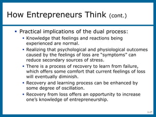 1-17
How Entrepreneurs Think (cont.)
 Practical implications of the dual process:
 Knowledge that feelings and reactions being
experienced are normal.
 Realizing that psychological and physiological outcomes
caused by the feelings of loss are “symptoms” can
reduce secondary sources of stress.
 There is a process of recovery to learn from failure,
which offers some comfort that current feelings of loss
will eventually diminish.
 Recovery and learning process can be enhanced by
some degree of oscillation.
 Recovery from loss offers an opportunity to increase
one’s knowledge of entrepreneurship.
 