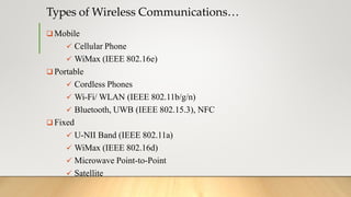 Types of Wireless Communications…
 Mobile
 Cellular Phone
 WiMax (IEEE 802.16e)
 Portable
 Cordless Phones
 Wi-Fi/ WLAN (IEEE 802.11b/g/n)
 Bluetooth, UWB (IEEE 802.15.3), NFC
 Fixed
 U-NII Band (IEEE 802.11a)
 WiMax (IEEE 802.16d)
 Microwave Point-to-Point
 Satellite
 