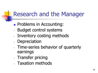 15
15
Research and the Manager
 Problems in Accounting:
- Budget control systems
- Inventory costing methods
- Depreciation
- Time-series behavior of quarterly
earnings
- Transfer pricing
- Taxation methods
 
