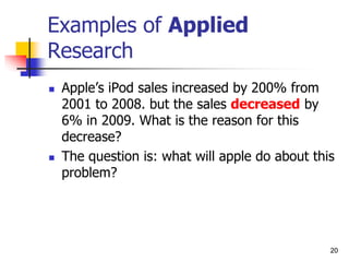 20
20
Examples of Applied
Research
 Apple’s iPod sales increased by 200% from
2001 to 2008. but the sales decreased by
6% in 2009. What is the reason for this
decrease?
 The question is: what will apple do about this
problem?
 