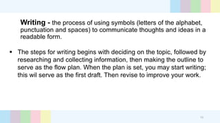Writing - the process of using symbols (letters of the alphabet,
punctuation and spaces) to communicate thoughts and ideas in a
readable form.
 The steps for writing begins with deciding on the topic, followed by
researching and collecting information, then making the outline to
serve as the flow plan. When the plan is set, you may start writing;
this wil serve as the first draft. Then revise to improve your work.
13
 