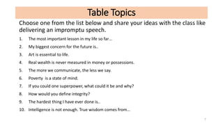 Table Topics
Choose one from the list below and share your ideas with the class like
delivering an impromptu speech.
1. The most important lesson in my life so far…
2. My biggest concern for the future is..
3. Art is essential to life.
4. Real wealth is never measured in money or possessions.
5. The more we communicate, the less we say.
6. Poverty is a state of mind.
7. If you could one superpower, what could it be and why?
8. How would you define integrity?
9. The hardest thing I have ever done is..
10. Intelligence is not enough. True wisdom comes from…
7
 