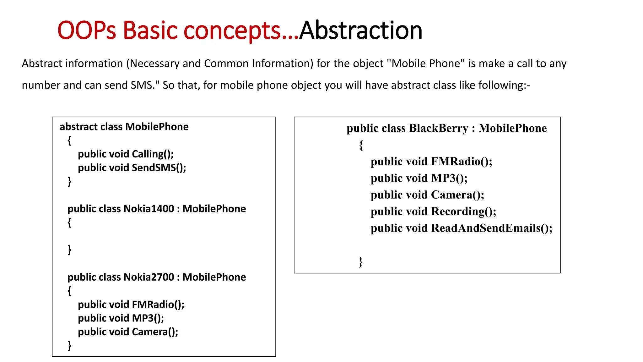 Abstract information (Necessary and Common Information) for the object "Mobile Phone" is make a call to any number and can send SMS." So that, for mobile phone object you will have abstract class like following:- OOPs Basic concepts…Abstraction abstract class MobilePhone { public void Calling(); public void SendSMS(); } public class Nokia1400 : MobilePhone { } public class Nokia2700 : MobilePhone { public void FMRadio(); public void MP3(); public void Camera(); } public class BlackBerry : MobilePhone { public void FMRadio(); public void MP3(); public void Camera(); public void Recording(); public void ReadAndSendEmails(); } 