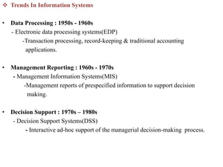  Trends In Information Systems
• Data Processing : 1950s - 1960s
- Electronic data processing systems(EDP)
-Transaction processing, record-keeping & traditional accounting
applications.
• Management Reporting : 1960s - 1970s
- Management Information Systems(MIS)
-Management reports of prespecified information to support decision
making.
• Decision Support : 1970s – 1980s
- Decision Support Systems(DSS)
- Interactive ad-hoc support of the managerial decision-making process.
 