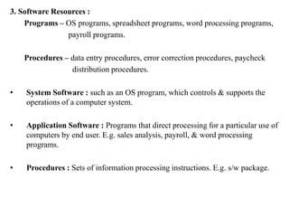 3. Software Resources :
Programs – OS programs, spreadsheet programs, word processing programs,
payroll programs.
Procedures – data entry procedures, error correction procedures, paycheck
distribution procedures.
• System Software : such as an OS program, which controls & supports the
operations of a computer system.
• Application Software : Programs that direct processing for a particular use of
computers by end user. E.g. sales analysis, payroll, & word processing
programs.
• Procedures : Sets of information processing instructions. E.g. s/w package.
 