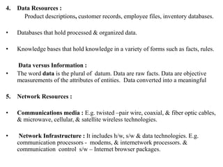 4. Data Resources :
Product descriptions, customer records, employee files, inventory databases.
• Databases that hold processed & organized data.
• Knowledge bases that hold knowledge in a variety of forms such as facts, rules.
Data versus Information :
• The word data is the plural of datum. Data are raw facts. Data are objective
measurements of the attributes of entities. Data converted into a meaningful
5. Network Resources :
• Communications media : E.g. twisted –pair wire, coaxial, & fiber optic cables,
& microwave, cellular, & satellite wireless technologies.
• Network Infrastructure : It includes h/w, s/w & data technologies. E.g.
communication processors - modems, & internetwork processors. &
communication control s/w – Internet browser packages.
 
