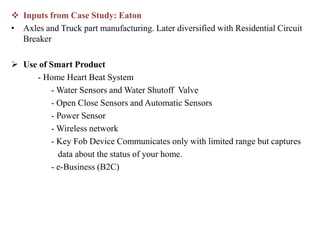  Inputs from Case Study: Eaton
• Axles and Truck part manufacturing. Later diversified with Residential Circuit
Breaker
 Use of Smart Product
- Home Heart Beat System
- Water Sensors and Water Shutoff Valve
- Open Close Sensors and Automatic Sensors
- Power Sensor
- Wireless network
- Key Fob Device Communicates only with limited range but captures
data about the status of your home.
- e-Business (B2C)
 