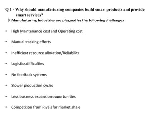 Q 1 - Why should manufacturing companies build smart products and provide
smart services?
 Manufacturing Industries are plagued by the following challenges
• High Maintenance cost and Operating cost
• Manual tracking efforts
• Inefficient resource allocation/Reliability
• Logistics difficulties
• No feedback systems
• Slower production cycles
• Less business expansion opportunities
• Competition from Rivals for market share
 